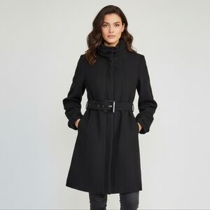 Ricki’s Women's Black Belted Funnel-Neck Wool Blend Coat Size Small